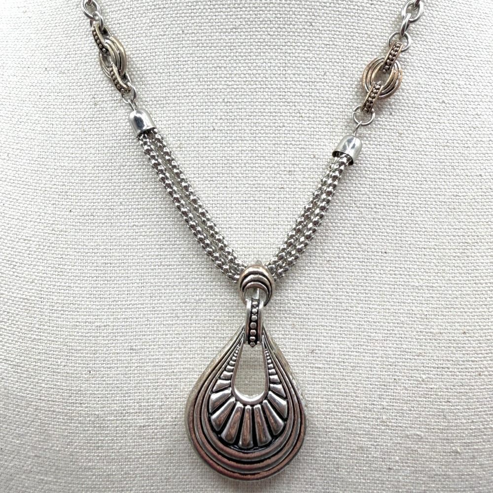 Silver Tone Teardrop Pendant Necklace Multi Strand Chain Boho Statement Jewelry